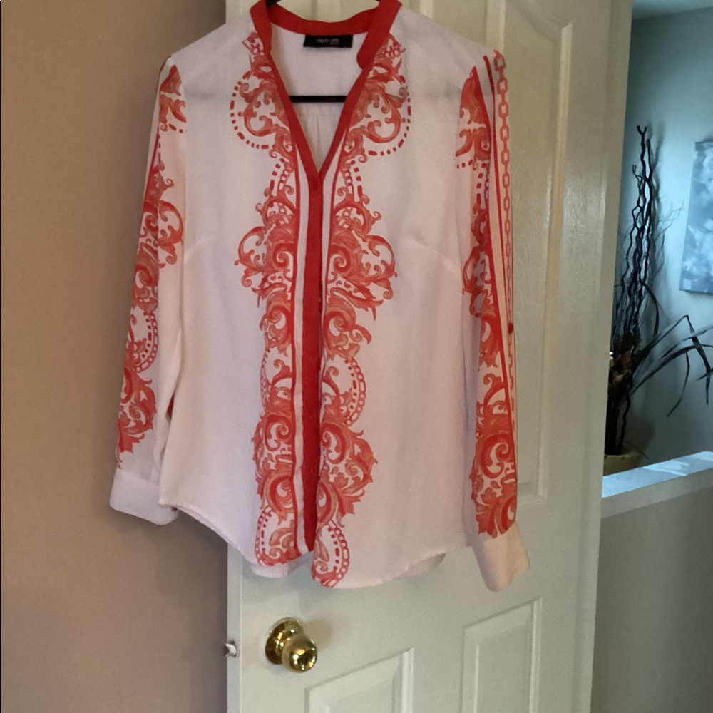 Style & Co. White Blouse with Coral Scroll Print
